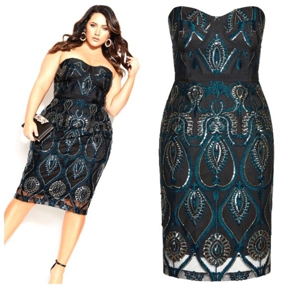 NWT City Chic Exquisite emerald teal black strapless beaded cocktail dress, 14 - Picture 1 of 12